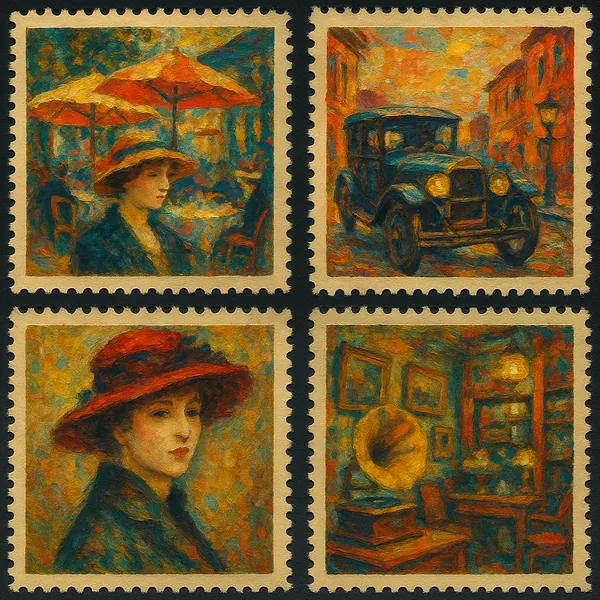 Discover a puzzle with four vintage, stamp-framed impressionist scenes that invite quiet exploration.