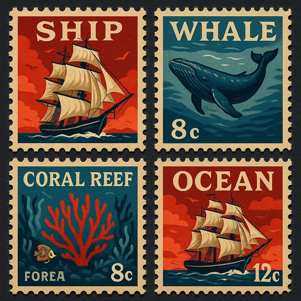 Discover a puzzle with four vintage postage-style ocean scenes: two graceful sailing ships, a majestic blue whale, and a bright coral reef with a little fish.