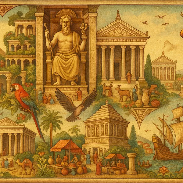 Enjoy assembling a puzzle depicting a warm, sepia-toned scene of classical temples, a seated statue on a grand throne, and lively ancient marketplaces sprinkled