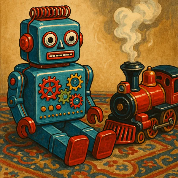 Discover a puzzle with a charming vintage toy robot sitting beside a bright red steam train on a patterned rug.