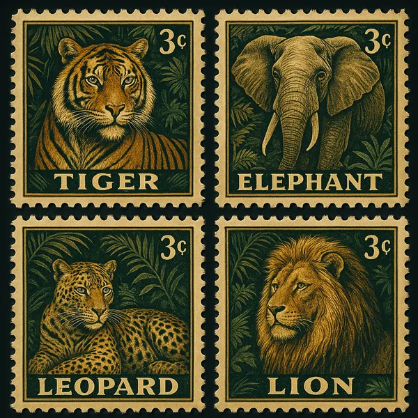 Discover a puzzle with four vintage-style postage stamps featuring a tiger, elephant, leopard, and lion framed in rich gold and deep forest green.