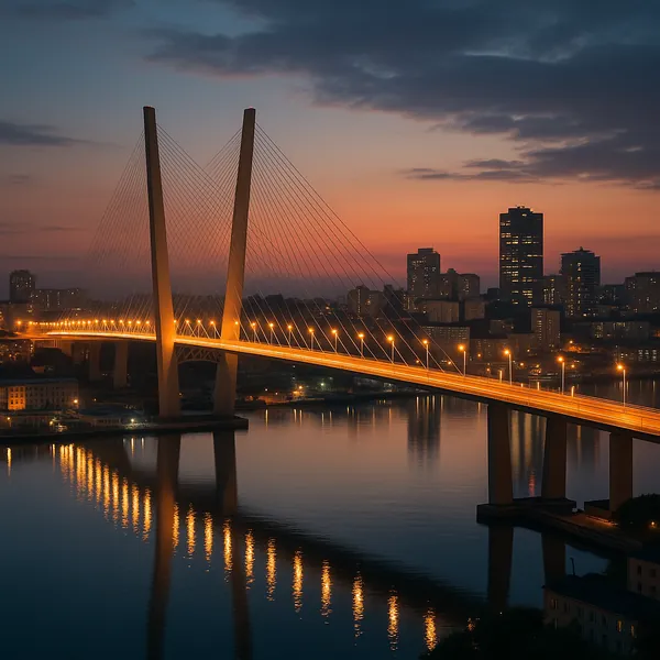 Discover a puzzle with a graceful cable-stayed bridge arching over a calm river at dusk, its warm amber streetlights and elegant suspension cables mirrored in s
