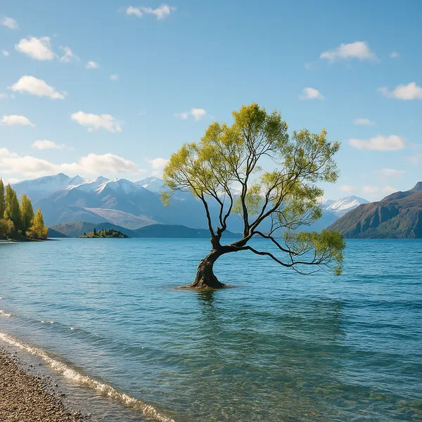Discover a puzzle with a lone willow tree rising from turquoise lake waters against a backdrop of snow-capped mountains and a clear blue sky.