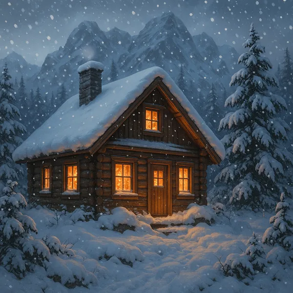 Discover a puzzle with a cozy snowbound cabin nestled among tall pine trees and distant blue-gray mountains, its warm amber windows glowing against a soft blank