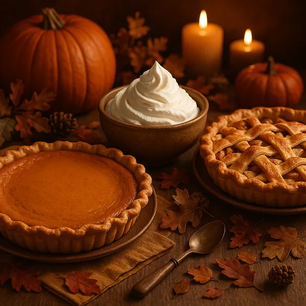 Discover a puzzle with a cozy autumn still life of pumpkin pies, a lattice apple pie, a bowl of whipped cream, small pumpkins and glowing candles.