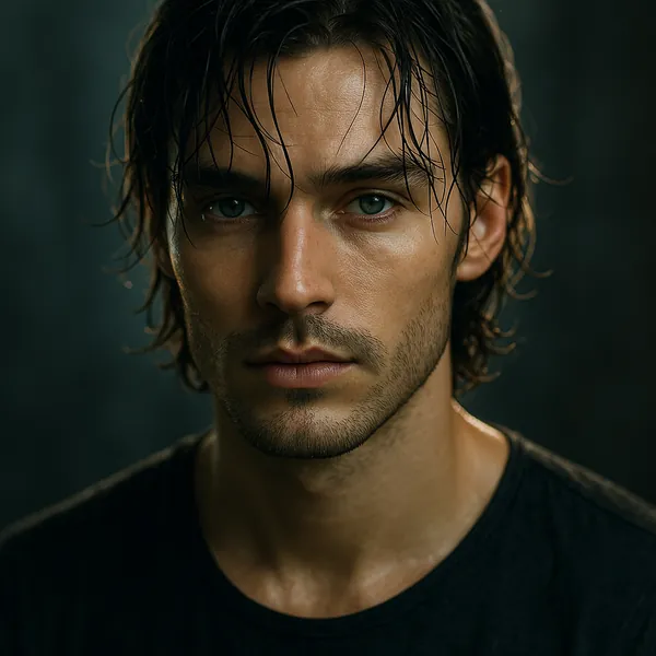 Discover a puzzle with a striking close-up portrait of a young man, his damp hair framing expressive green eyes and softly textured skin set against a muted, mo