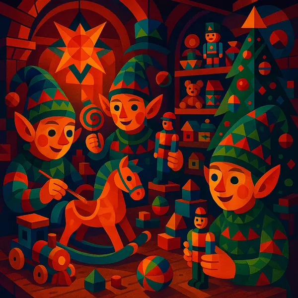 This image features a vibrant and detailed scene of elves in a cozy workshop, crafting toys amidst a magical, warm light.