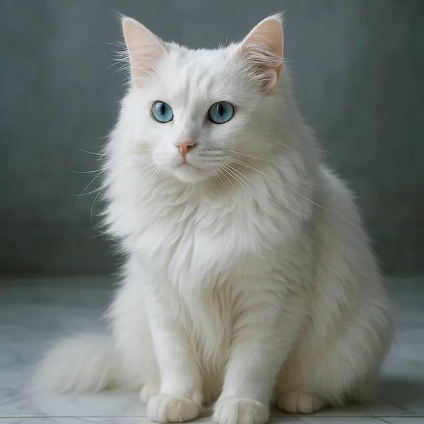 Discover a puzzle with a fluffy white cat sitting gracefully against a soft gray background, its pure snow-colored fur and striking pale blue eyes creating a lo