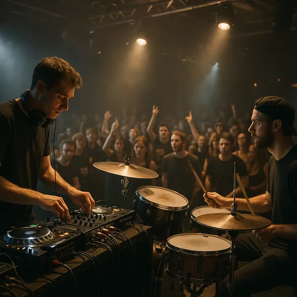 Enjoy assembling a puzzle depicting a lively concert scene with a DJ at the mixing deck and a drummer in the glow of warm stage lights.