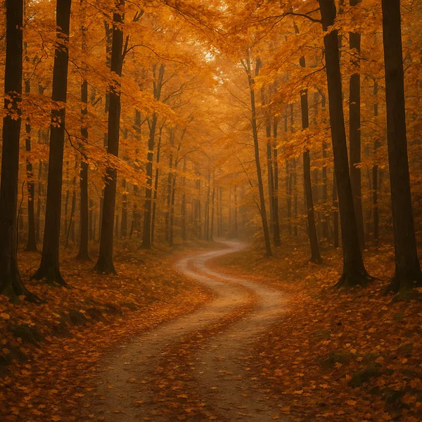 Discover a puzzle with a winding forest path bathed in warm autumn tones.