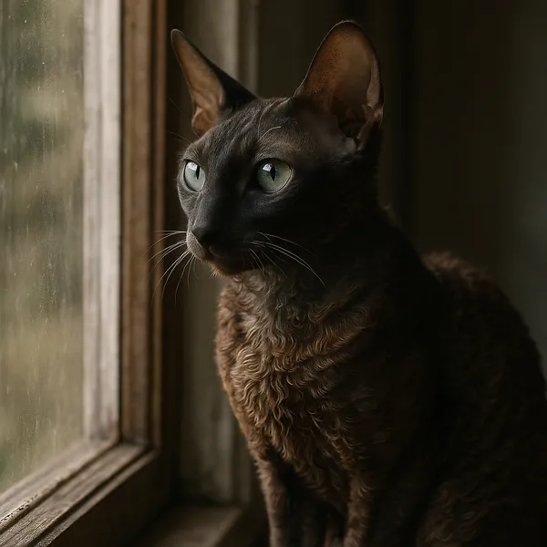 Discover a puzzle with a graceful brown cat gazing out a window, its curly fur and bright green eyes caught in soft, natural light.