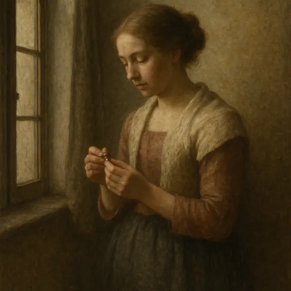 Discover a puzzle with a softly lit vintage painting of a young woman by a window, her hands gently holding a small object as warm, muted browns and creamy high