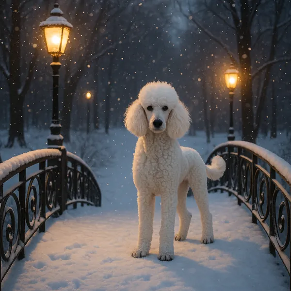 Discover a puzzle with a white poodle standing on a snow-covered ornamental bridge under glowing lamplights in a tranquil winter park.