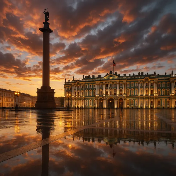 Discover a puzzle with a dramatic city square at sunset, where glowing amber and deep purple clouds frame a grand, columned palace and a towering monument.
