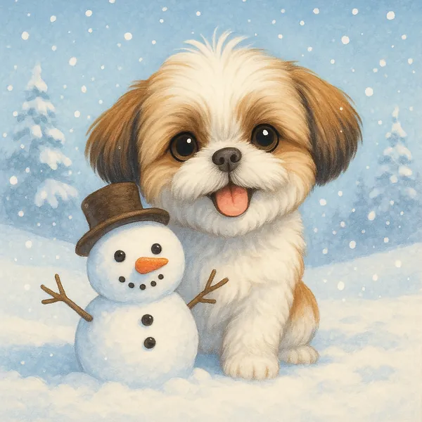 Discover a puzzle with an adorably fluffy puppy posing beside a tiny snowman in a soft, snowy landscape.