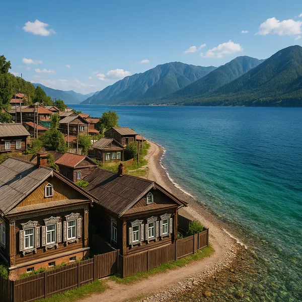 Discover a puzzle with a tranquil lakeside village of carved wooden houses lining a pebbled shore.