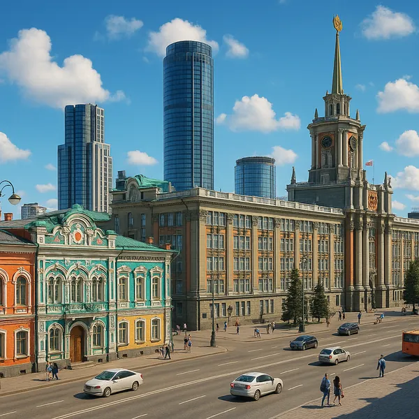 Discover a puzzle with a sunlit cityscape where ornate historic buildings with turquoise and terracotta facades sit beside sleek glass towers under a bright blu