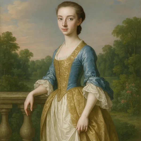 Enjoy assembling a puzzle depicting a graceful classic portrait of a young woman in a blue and golden gown set against a soft, leafy garden at dusk.