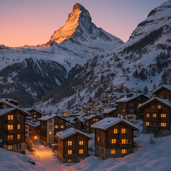 Discover a puzzle with a serene alpine village blanketed in snow beneath a towering, sunlit peak.