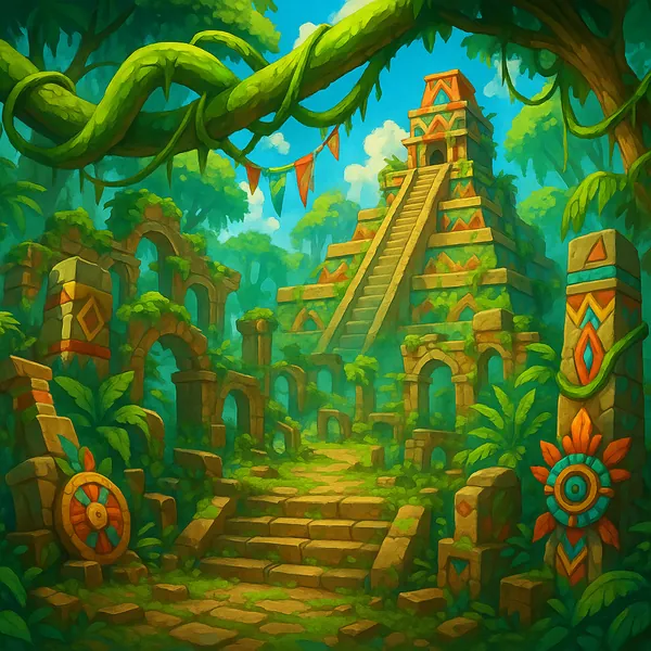 Discover a puzzle with a sunlit jungle temple scene, where verdant greens and warm golden stones bring an ancient stepped pyramid and moss-covered ruins to life