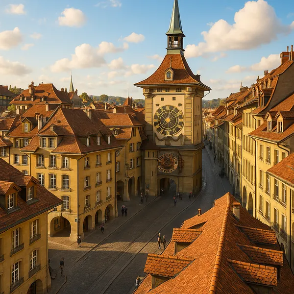 Discover a puzzle with a charming historic clock tower rising above a sunlit cobblestone street lined with warm ochre buildings and terracotta roofs.