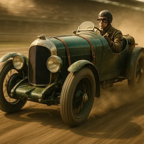 Discover a puzzle with a vintage racing car tearing across a dusty track, featuring a classic green body, weathered metal highlights, and warm sepia light that