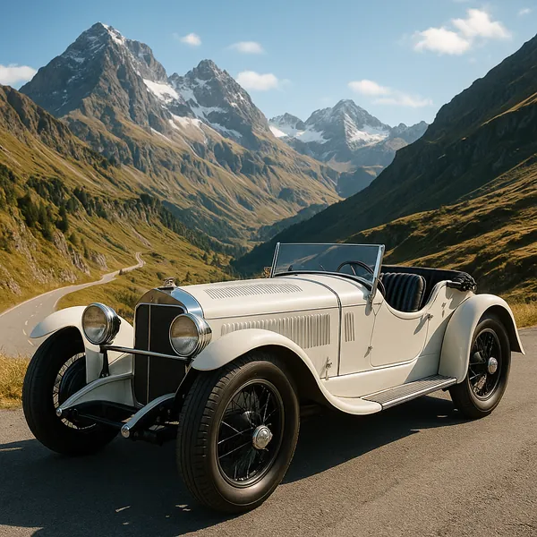 Discover a puzzle with a charming vintage white convertible parked on a sunlit mountain road, framed by a winding lane that disappears into lush green valleys a