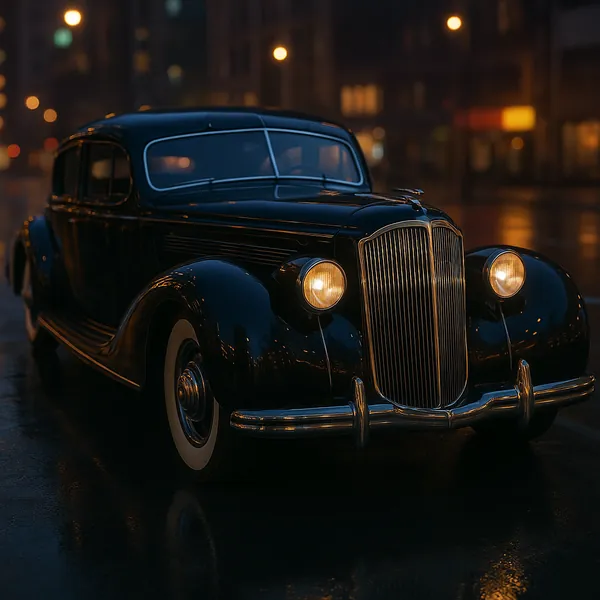 Discover a puzzle with a sleek vintage car parked on a rainy city street at night, its glossy deep navy-black body reflecting warm amber headlights and soft gol