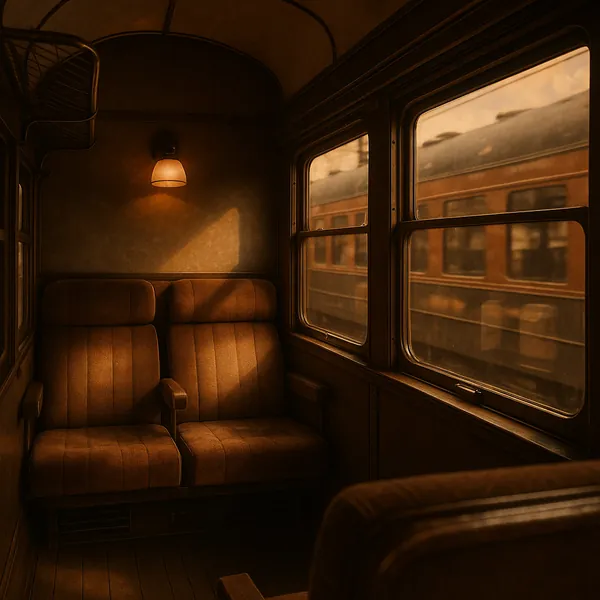 Enjoy assembling a puzzle depicting a cozy vintage train compartment bathed in warm sepia light.