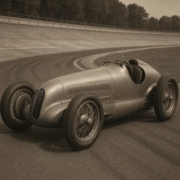 Discover a puzzle with a sleek vintage race car parked on a curved track, captured in warm sepia tones that highlight the car’s smooth metal body, spoked wheels