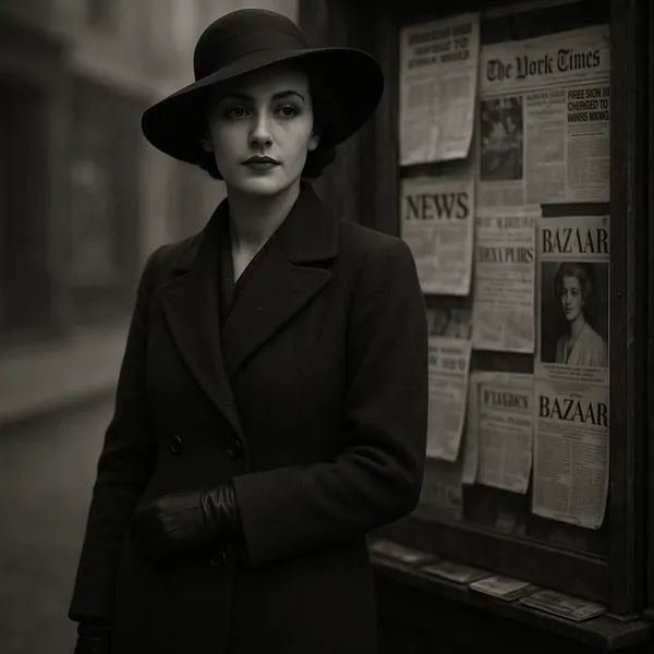 Discover a puzzle with a vintage black-and-white portrait of an elegant woman in a cloche hat and wool coat standing by a newsstand covered in period newspapers