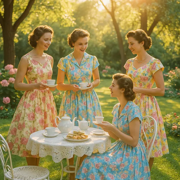 Enjoy assembling a puzzle depicting a vintage garden tea party, where four women in pastel floral dresses gather around a lace-covered table, holding delicate p