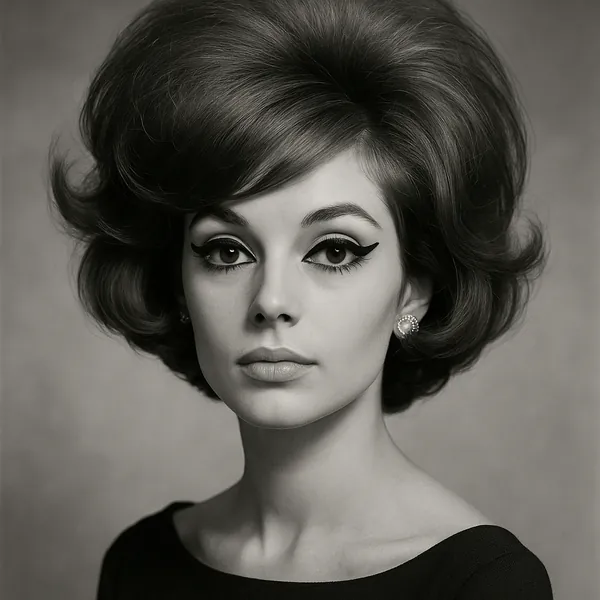 Discover a puzzle with a striking vintage portrait in soft grayscale, featuring a poised woman with dramatic winged eyeliner, voluminous 1960s-style hair, and d