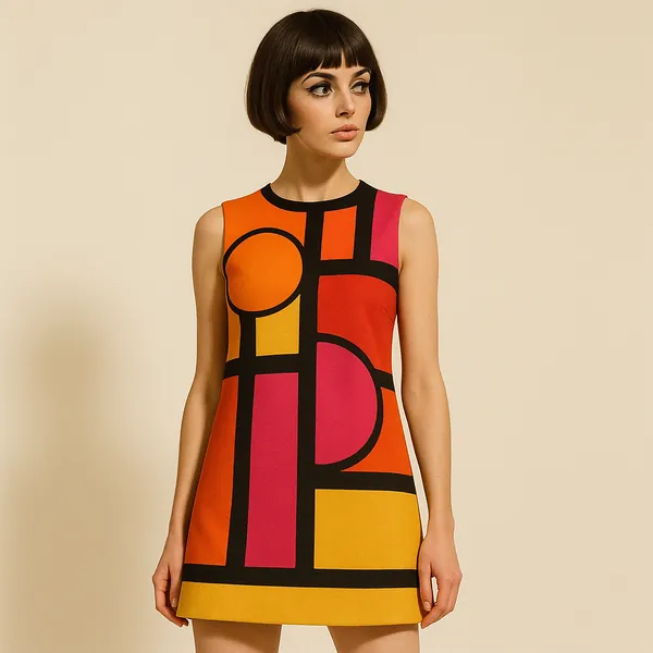 Discover a puzzle with a chic retro dress featuring bold, graphic geometry in warm orange, pink, red, and golden yellow hues set against a soft cream background