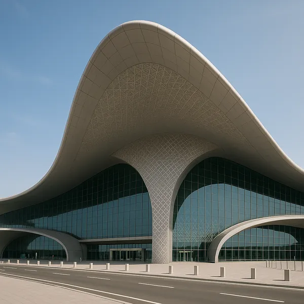 Discover a puzzle with a graceful modern terminal building crowned by a sweeping, wave-like roof and elegant arching columns.