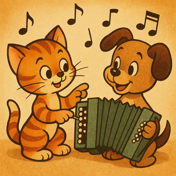 Discover a puzzle with an adorable retro-style illustration of a striped orange kitten and a cheerful brown puppy playing a green accordion together, surrounded