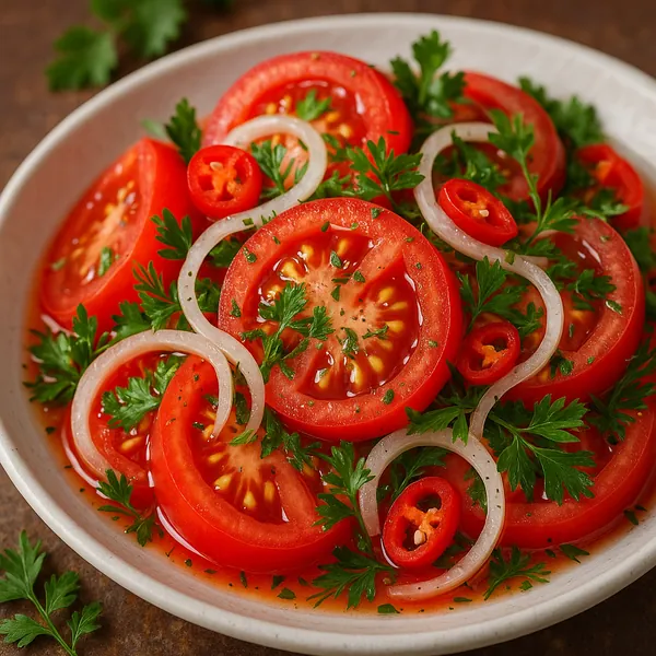 Discover a puzzle with a vibrant tomato salad arranged in a white bowl — glossy red tomato slices, crisp white onion rings, fiery red chili rounds and bright gr