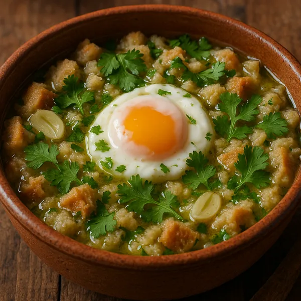 Enjoy an online jigsaw puzzle designed for browser play, featuring a cozy food scene centered on a rustic bowl of savory porridge topped with a perfectly runny