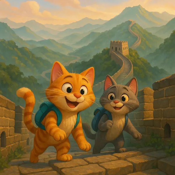 Discover a puzzle with two cheerful cartoon kittens wearing little backpacks as they stroll along the winding Great Wall of China, framed by rolling green mount