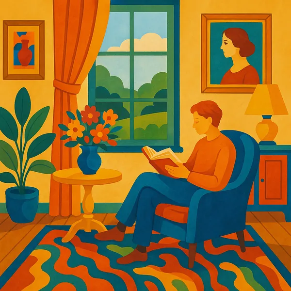 Discover a puzzle with a cozy reading room scene rendered in warm, vibrant colors — deep blues, golden yellows, and rich oranges create a soothing, retro-inspir
