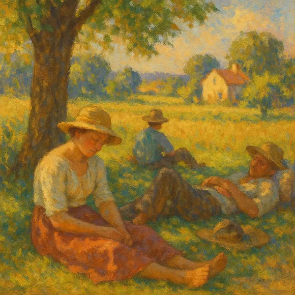 Discover a puzzle with a sunlit pastoral scene of three weary figures resting beneath a large tree in a golden summer field.