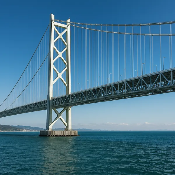 Discover a puzzle with a graceful suspension bridge stretching across deep blue water under a clear sky.