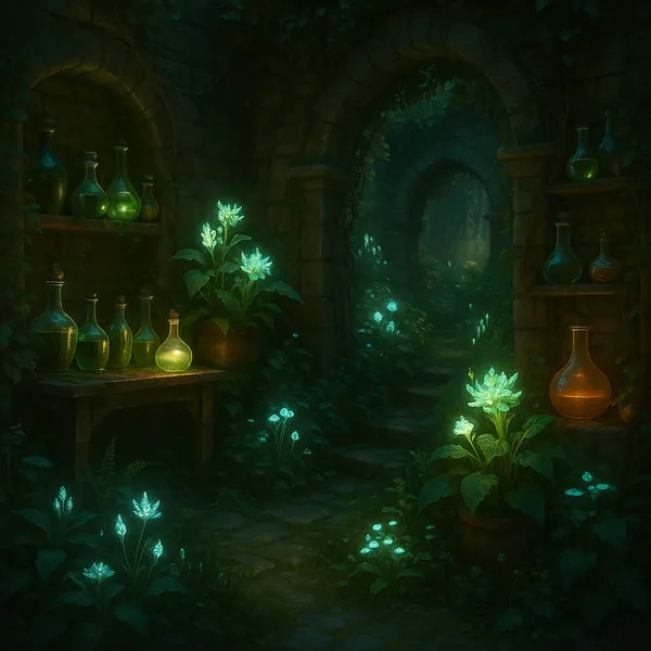 Enjoy assembling a puzzle depicting an enchanted garden tucked inside ancient stone arches, where teal and emerald glows from bioluminescent flowers and glass b