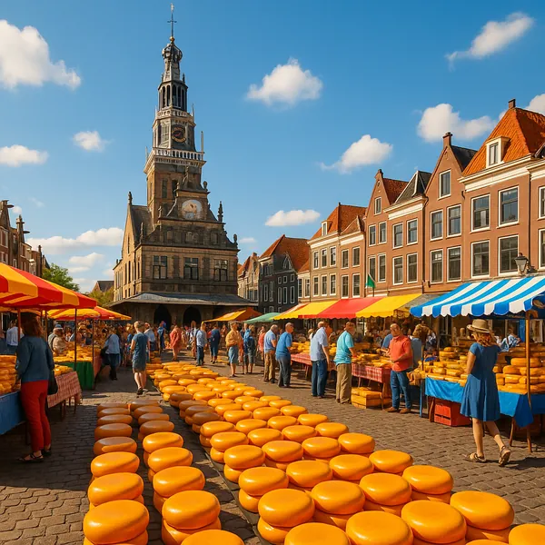 Discover a puzzle with a lively cheese market set in a sunlit historic town square, filled with neat rows of golden cheese wheels and colorful striped market aw