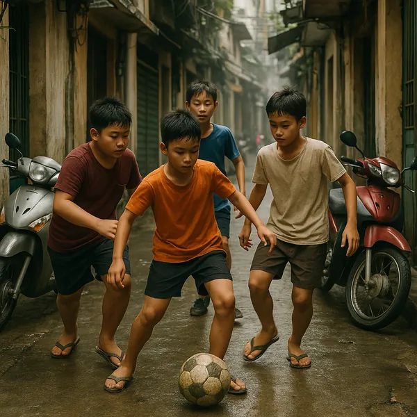 Play an online jigsaw puzzle in your browser that shows a lively city scene of children playing street soccer.