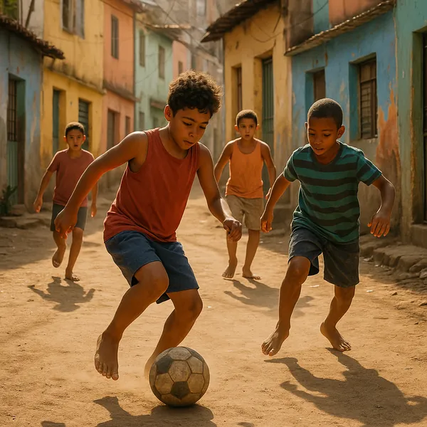 Enjoy an online jigsaw puzzle designed for browser play, featuring a lively street soccer scene set in a colorful neighborhood.