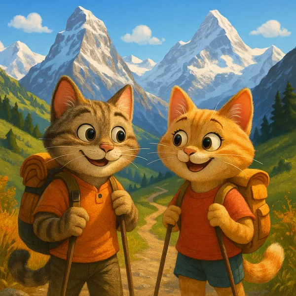 Discover a puzzle with two cheerful, cartoon-style hiking cats trekking along a sunlit mountain path, framed by lush green meadows and towering, snow-capped pea
