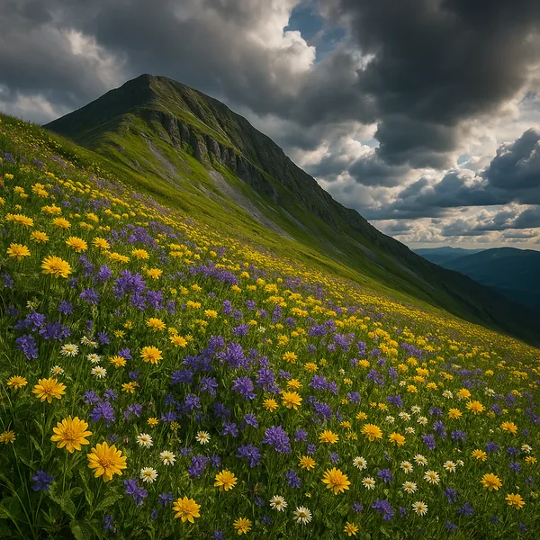 Discover a puzzle with a sweeping alpine meadow carpeted in bright yellow, purple, and white wildflowers cascading down a lush green mountainside beneath dramat