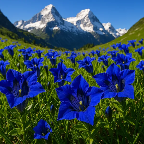 Discover a puzzle with a close-up sweep of vivid blue gentian flowers carpeting a sunlit alpine meadow, set against dramatic snow-capped mountains and a clear b