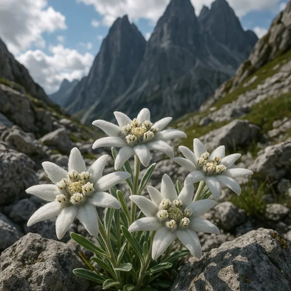Discover a puzzle with a close-up of delicate white edelweiss blooms nestled among weathered gray rocks, set against a dramatic backdrop of sharp alpine peaks a